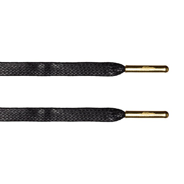 Black Waxed Flat Lace - Gold Metal Aglet - Flat Laces - LaceSpace